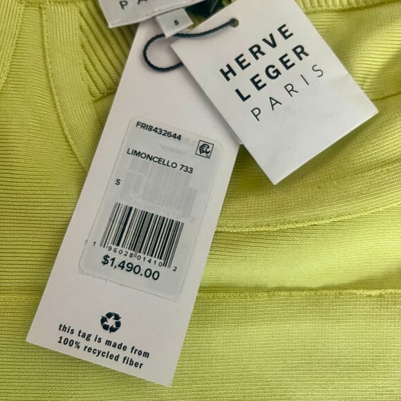 Hervé Léger - Fringed Recycled Bandage Mini Dress - Limoncello, Size Small [NEW] - Picture 4 of 4